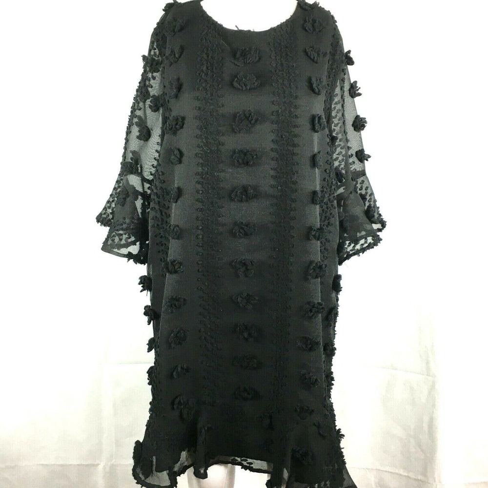 MIttoshop‎ Dress Womens Sz L Black Chiffon 3/4 Sleeve Pom-Pom Midi Shift